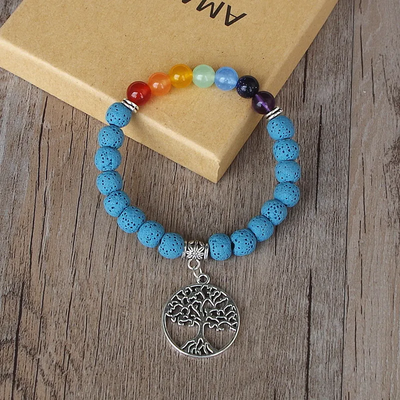 Life Tree 7 Чакра браслет 8 мм синие Бусины Из лавового камня Исцеление йогой рейки