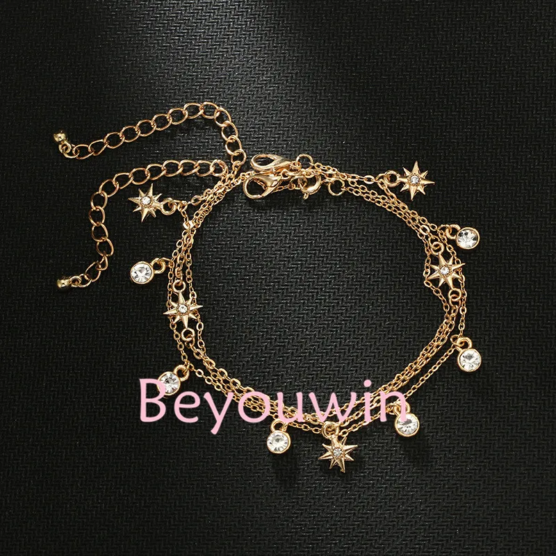 200 шт./лот новинка женский золотого цвета трехслойный браслет на щиколотке