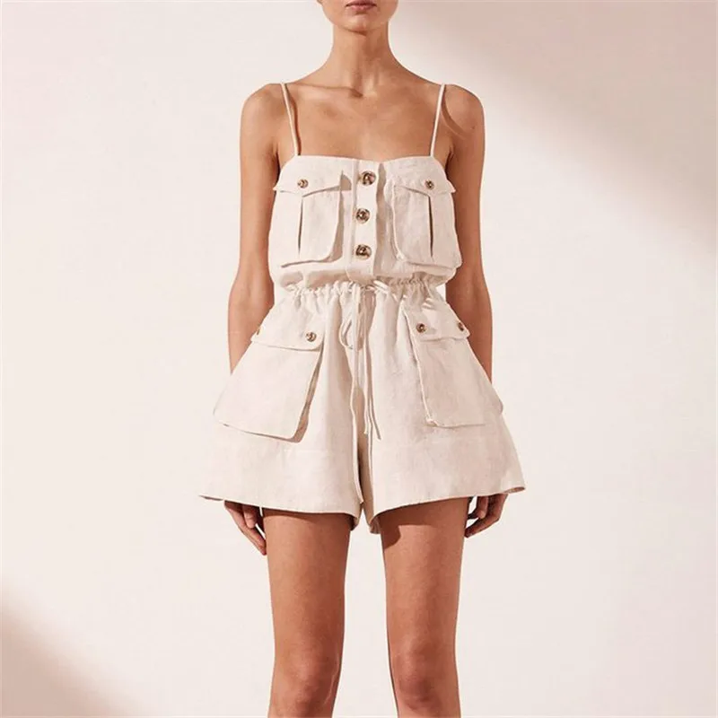 Женский комбинезон с открытой спиной льняной на бретельках комбинезоны широкими