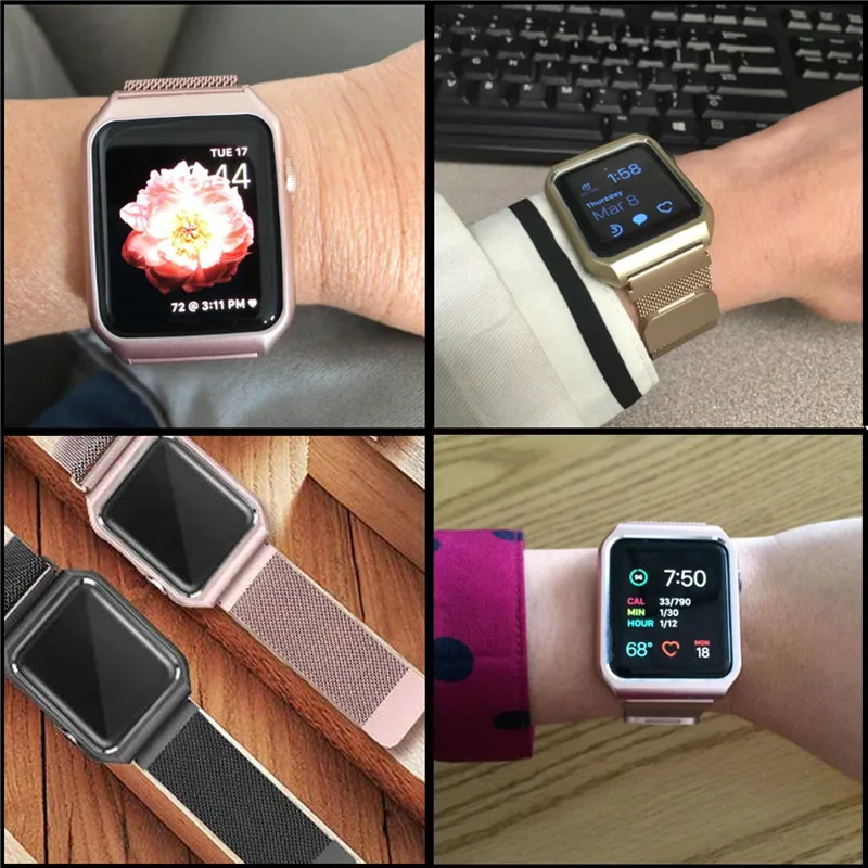 ASHEI для Apple Watch Series 4 Milanese Loop Band с металлическим защитным корпусом браслет на запястье для iWatch 40 мм 44 мм 38 мм 42 мм ремешок