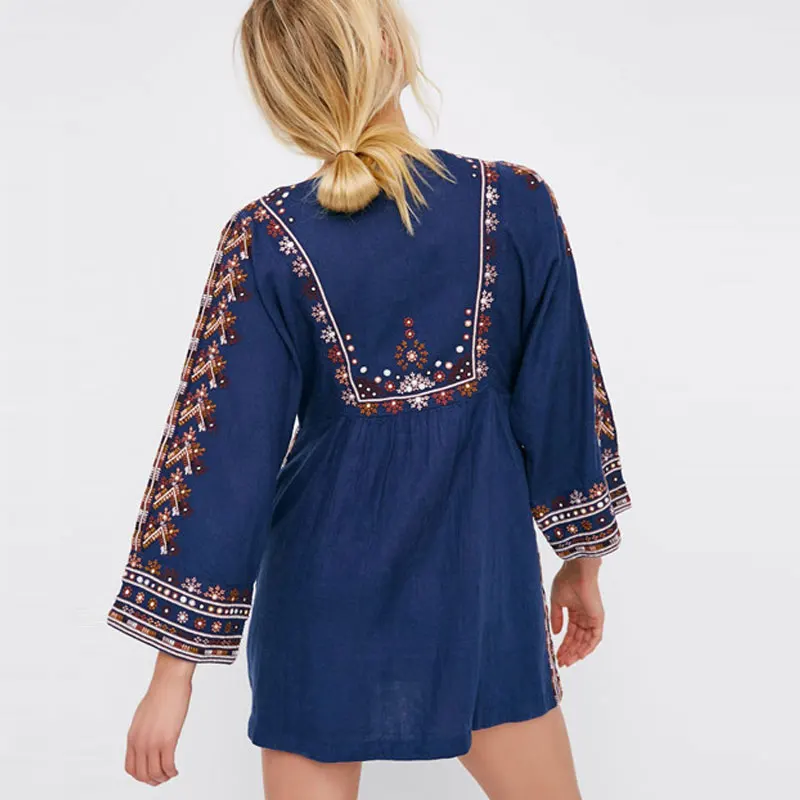 2017 New Bohemian Vintage Folklore Embroidered Vestidos Loose Tassels Three Quarter Boho Cotton Maxi Hippie Dress Gypsy Women | Женская