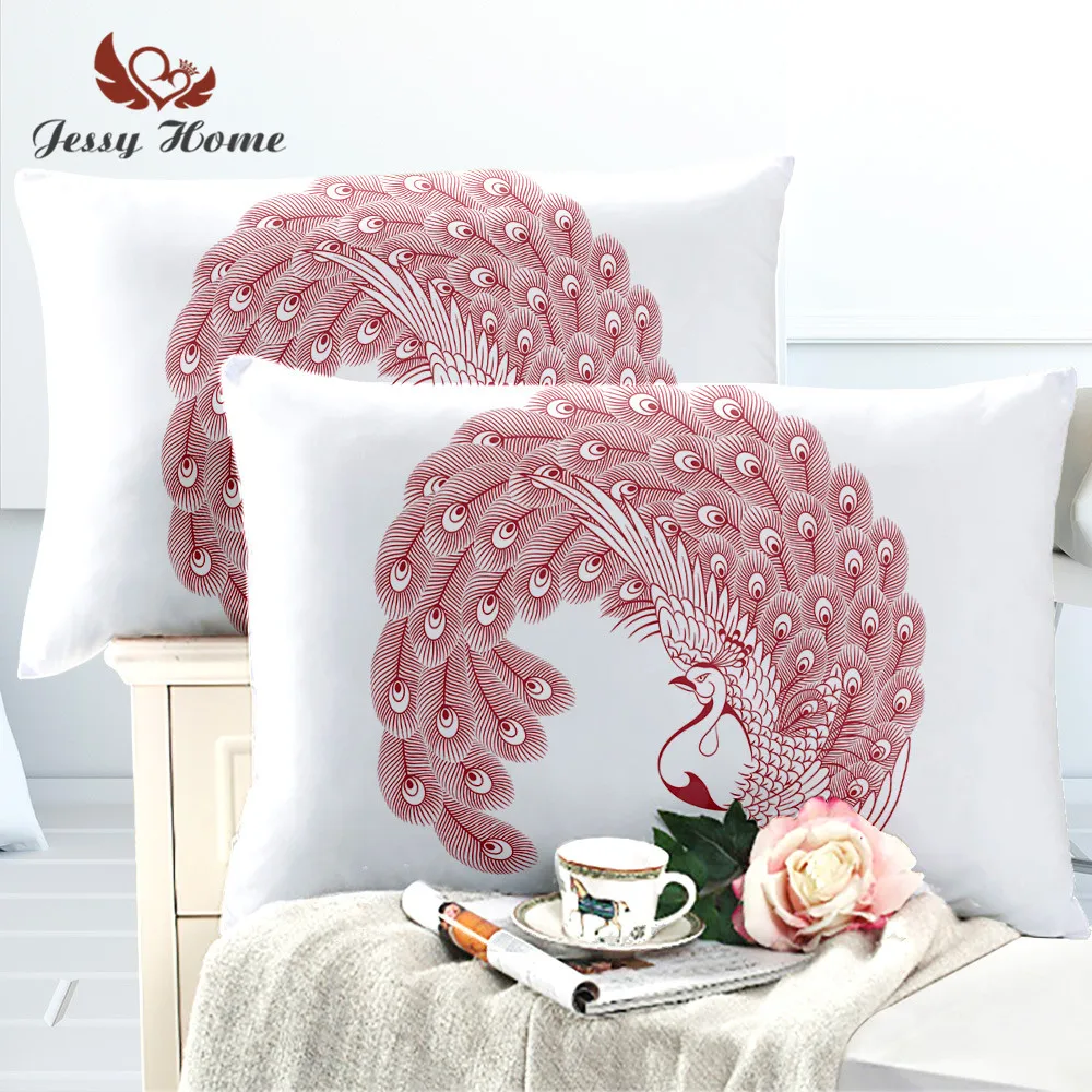 2 шт. бордовая наволочка с павлином акварельная из микрофибры мягкая Цветочная