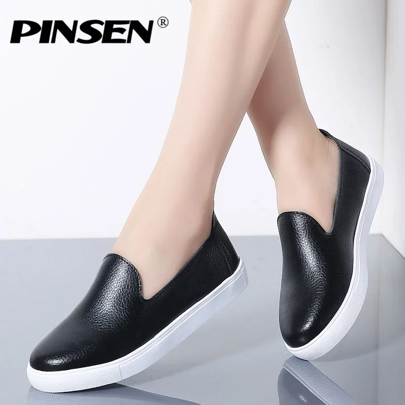 PINSEN/Осенняя женская обувь на плоской подошве Балетки Кожаные Туфли оксфорды для