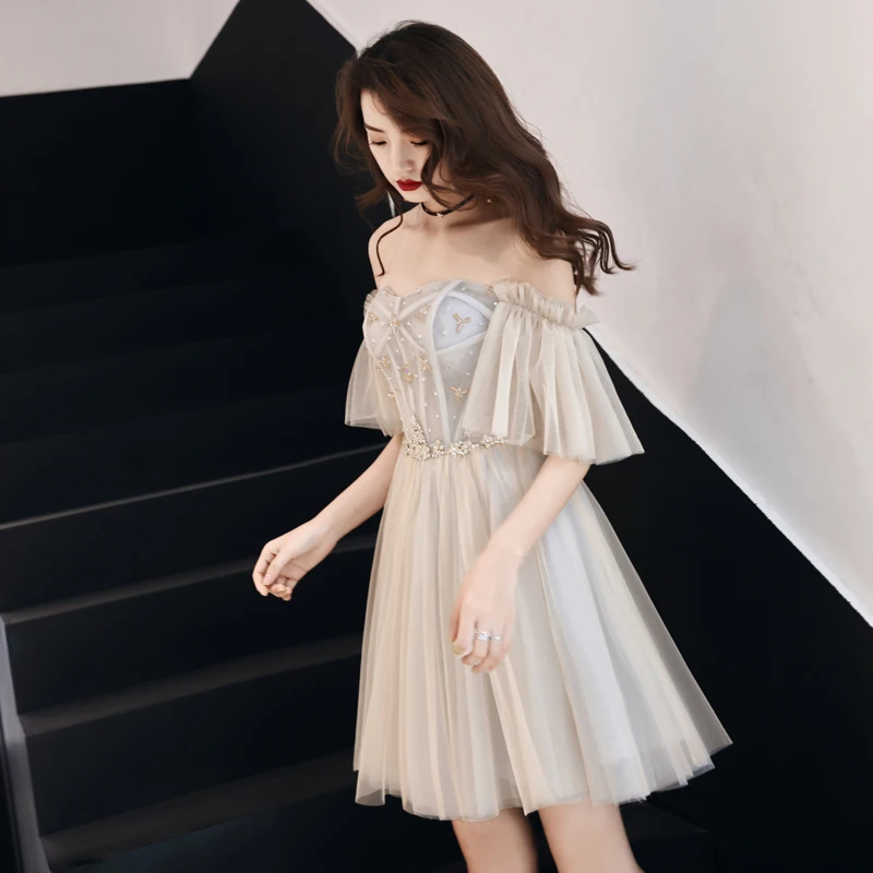 SSYFashion, новинка, коктейльные платья для банкета, элегантные, короткие, с бисером, милое, цвета шампанского, серые, вечерние, вечерние платья, Robe De Soiree