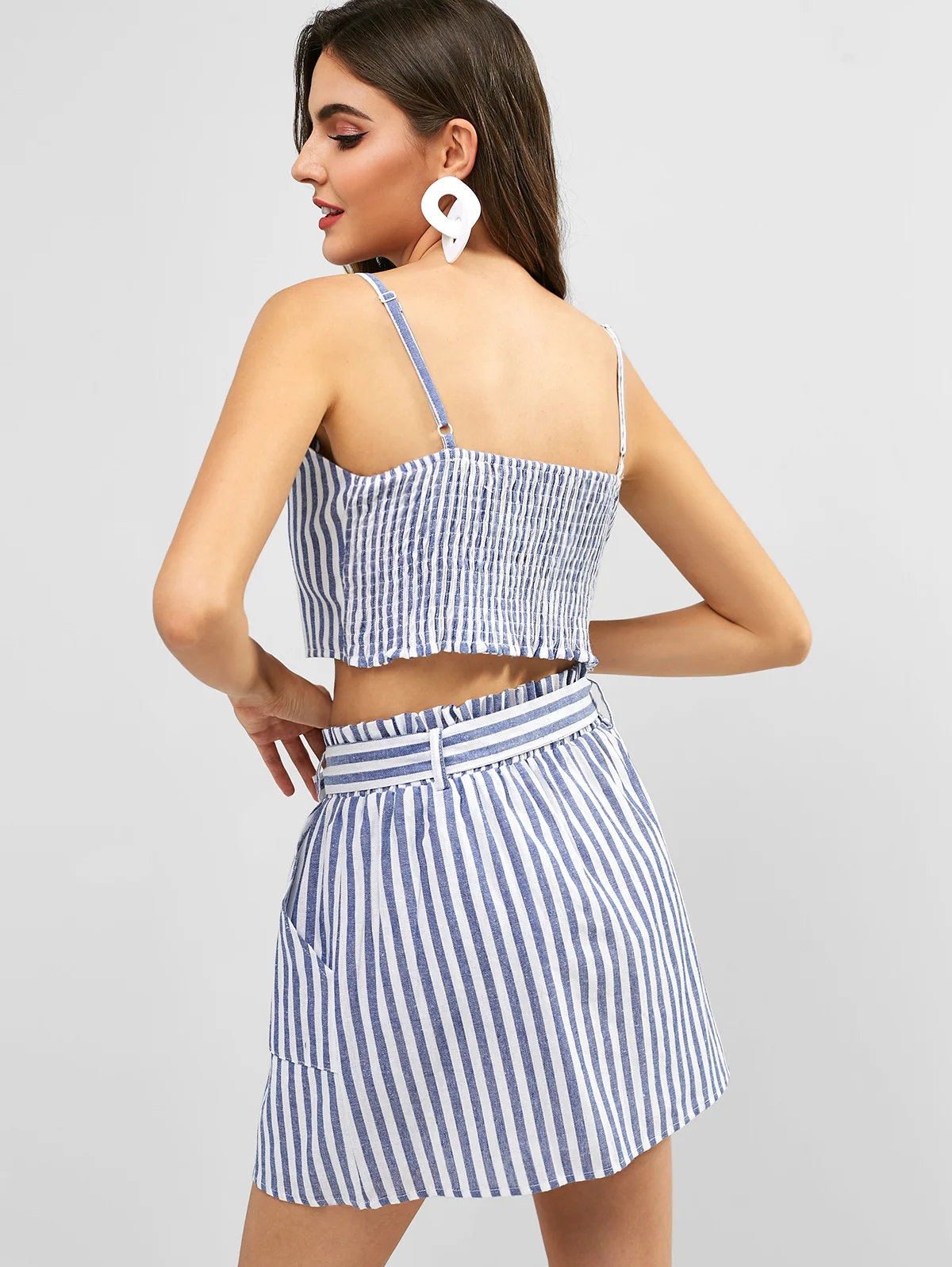 ZAFUL Полосатый топ льянной и комплект юбок с поясом A силует Бретельки Crop Top Женщины
