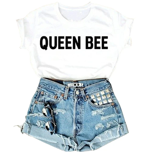 2016 Женская Милая футболка QUEEN BEE с буквенным принтом Короткие топы летняя