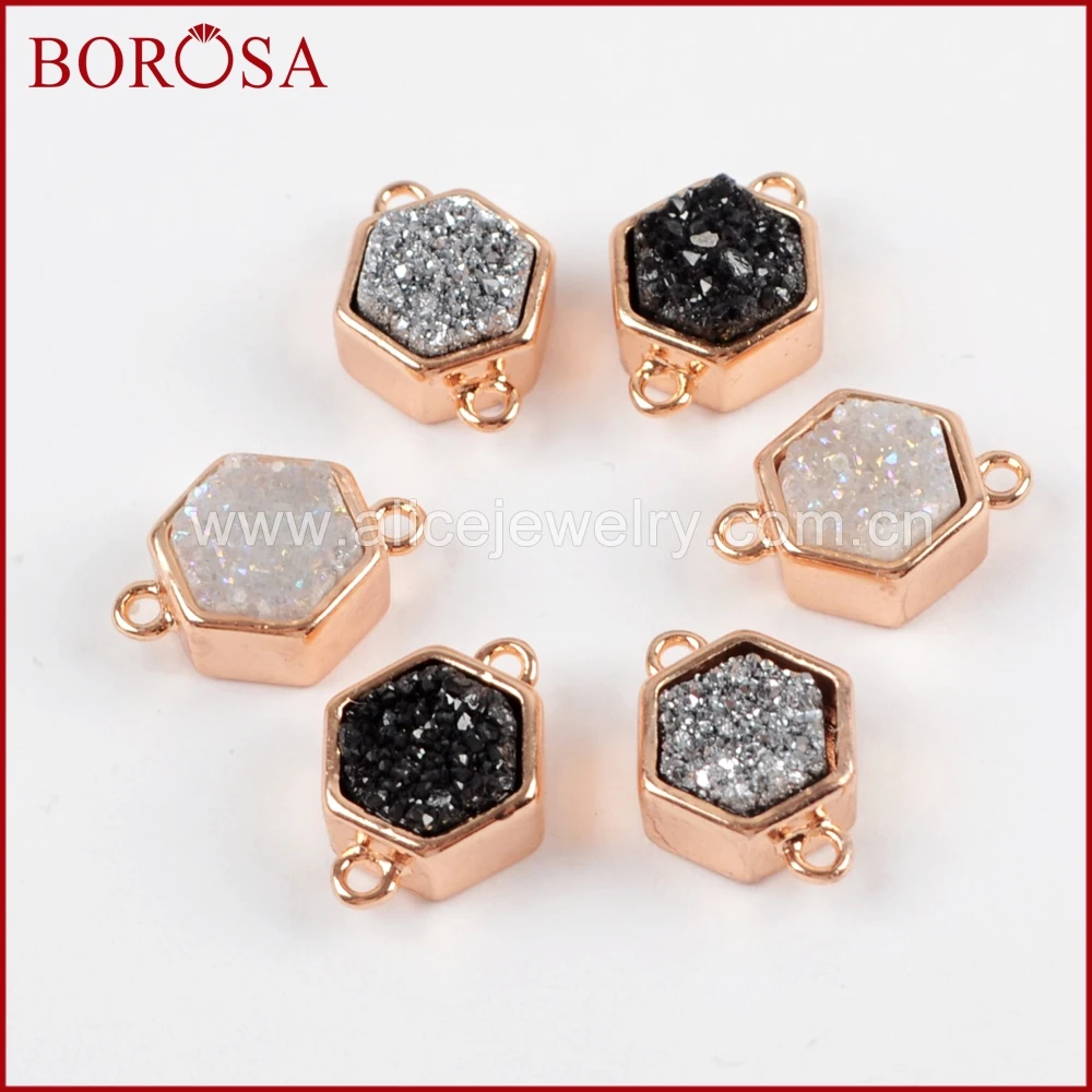 

BOROSA 10PCS Hexagon Rose Gold Color Bezel Natural Druzy Titanium Rainbow Druzy Connector Double Bails for DIY Jewelry ZR0138