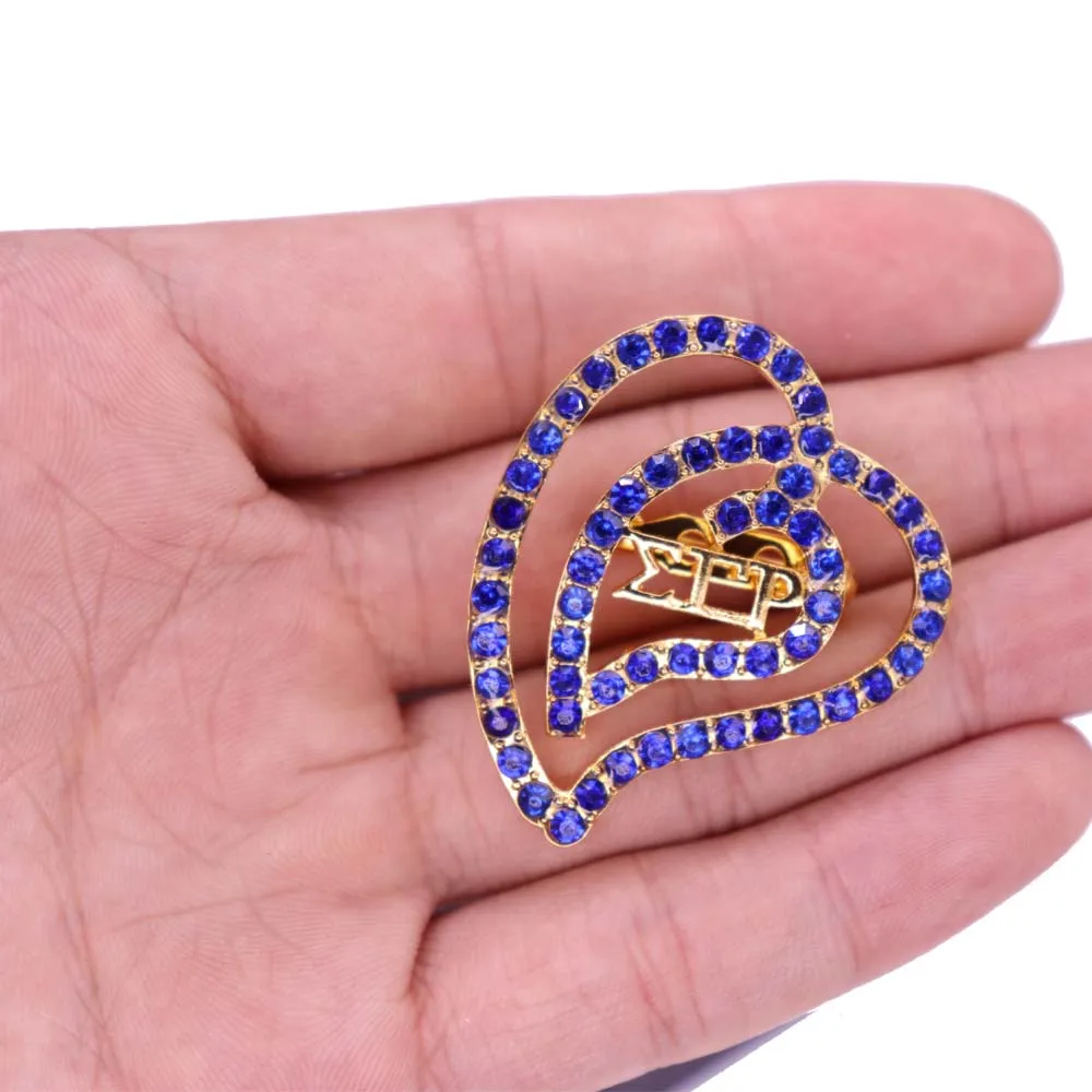 New Arrival Metal Love Heart Blue Crystal Sigma Gamma RHO Brooch Greek Letter SGRHO Symbol Sorority Brooches Jewelry For Gift | Украшения и