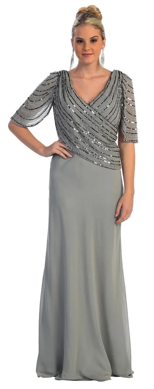 New vestido de madrinha 2016 Plus size Elegant Gray Half Sleeve Chiffon V-Neck Beaded Wide-waisted mother of the bride dresses | Свадьбы и