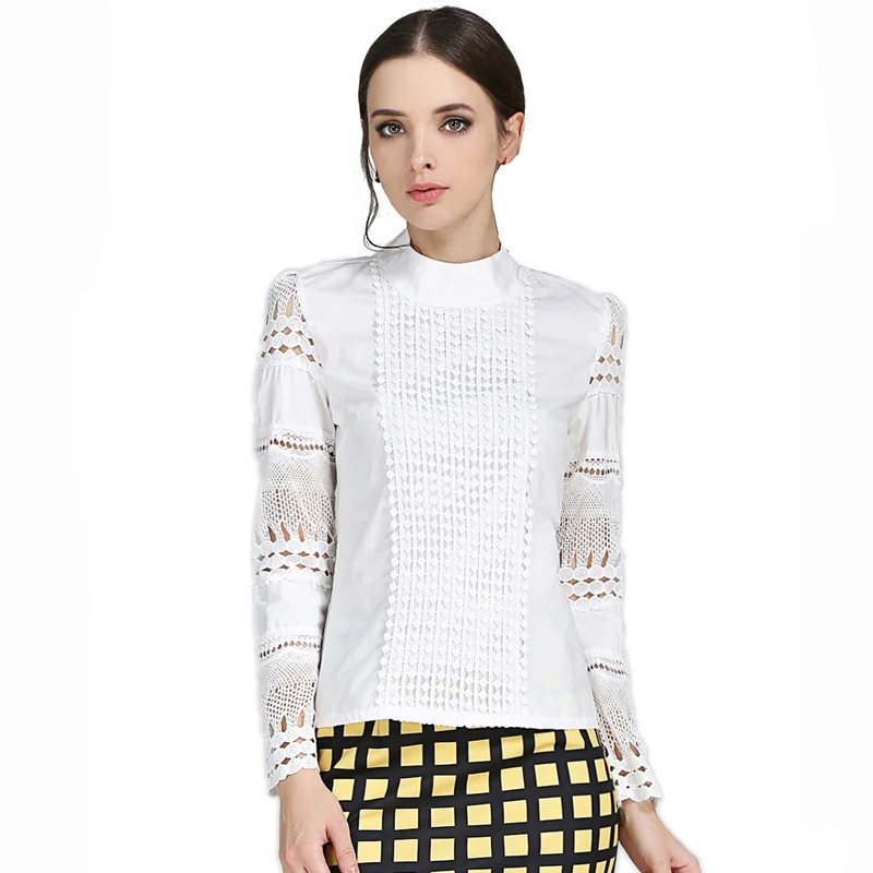 

New Women Blouses Slim Bottoming Long-sleeved White Shirt Lace Hook Flower Hollow Plus Size S-5XL