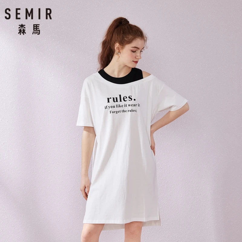 Женское свободное платье SEMIR белое черное из двух частей с круглым вырезом и