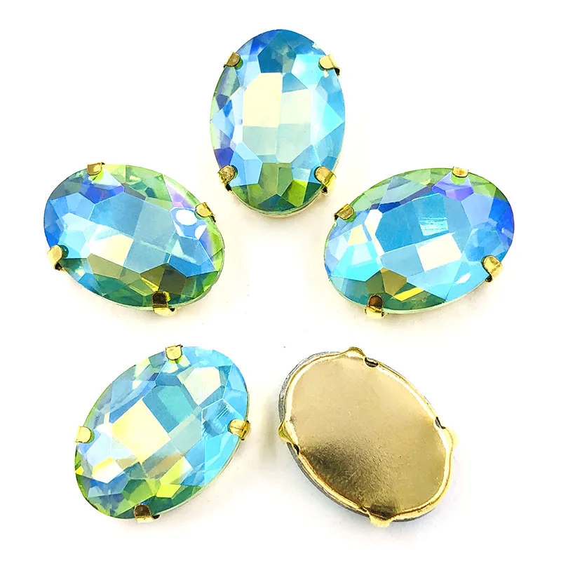 Green AB 10x14 мм/13x18 мм, овальная форма, 20 шт., Хрустальное стекло, Золотая основа, пришивные стразы с плоским основанием, с когтями, для DIY, аксессуары для одежды - Цвет: Green AB