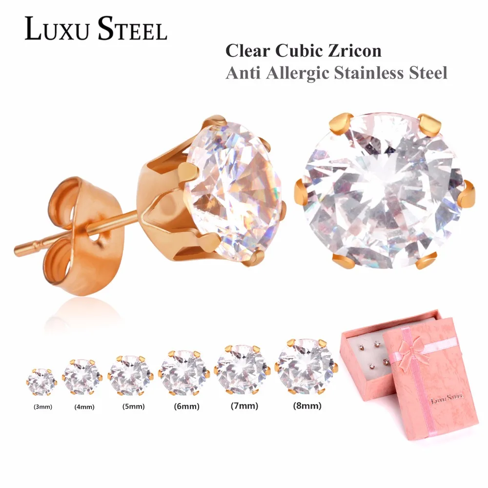 

LUXUSTEEL Rose Gold Color Earrings aretes Brinco Stainless Steel Round Cubic Zirconia 6pairs box Stud Earring Sets Wedding