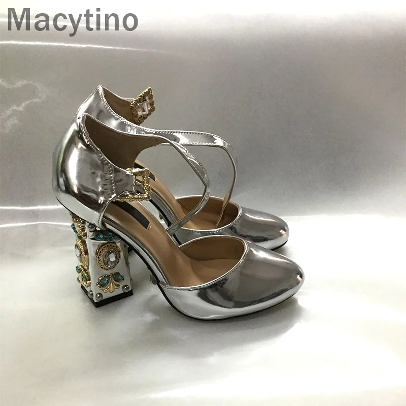 Серебристый Macytino/Новинка года; роскошные золотистые туфли-лодочки; женские свадебные туфли на высоком каблуке 10 см; Туфли на каблуке с ремешком на щиколотке, украшенные стразами - Цвет: Серебристый
