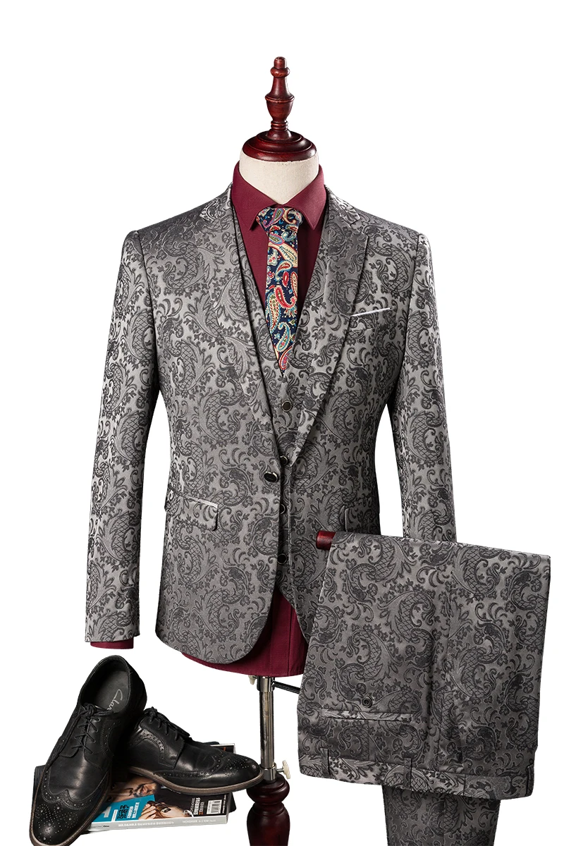 

(Jacket+Vest+Pant)Men Slim Fit Suits M-6XL Mens Silver Wedding Suits With Pants Fashion Jacquard Business Men Formal Wear Tuxedo