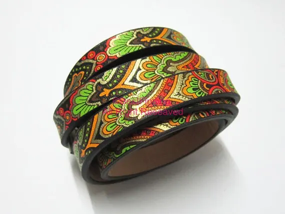 

10x2mm Flat ethnic leather cord Green mixed ethnic leather cord