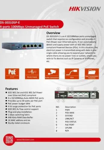 HIK DS-3E0105P-E переключатель инжектора PoE 5 портов(1 канал связи, 4 PoE) 10/100 Мбит/с