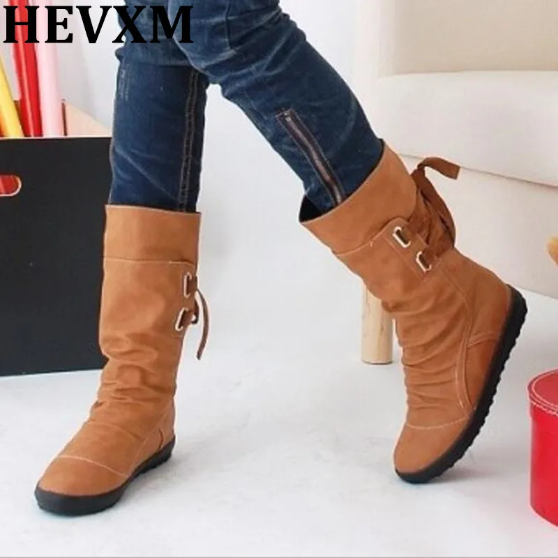 HEVXM/женские зимние сапоги до середины икры однотонные женские на танкетке