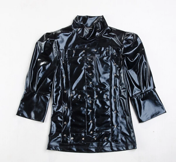 Новый стиль Модный черный кожаный мужской dj ds заклепки три четверти рукав костюм