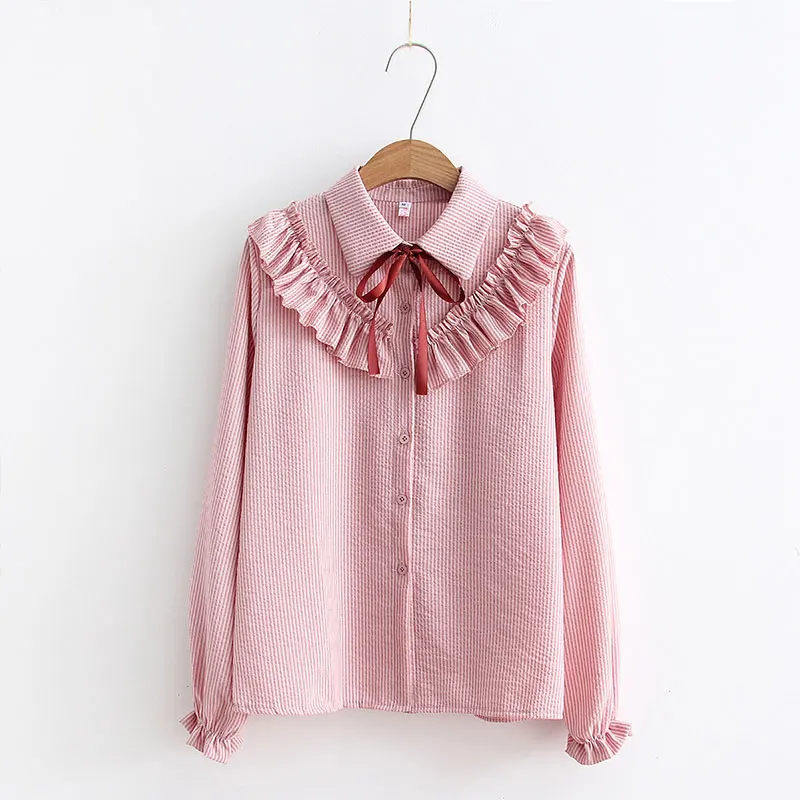 Pink Женская рубашка в полоску, однобортная, с оборками, с отложным воротником, с длинным рукавом, шифоновая блузка, на шнуровке, с бантом, женская,, T8D407Z - Цвет: Pink