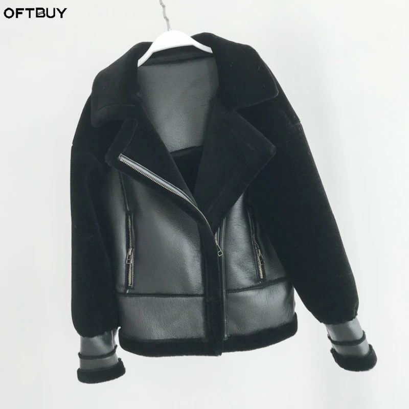 OFTBUY пальто с натуральным мехом, зимняя куртка для женщин, Байкерская верхняя одежда, настоящая стрижка овечьей шерсти, меховая подкладка, искусственная кожа, повседневная одежда