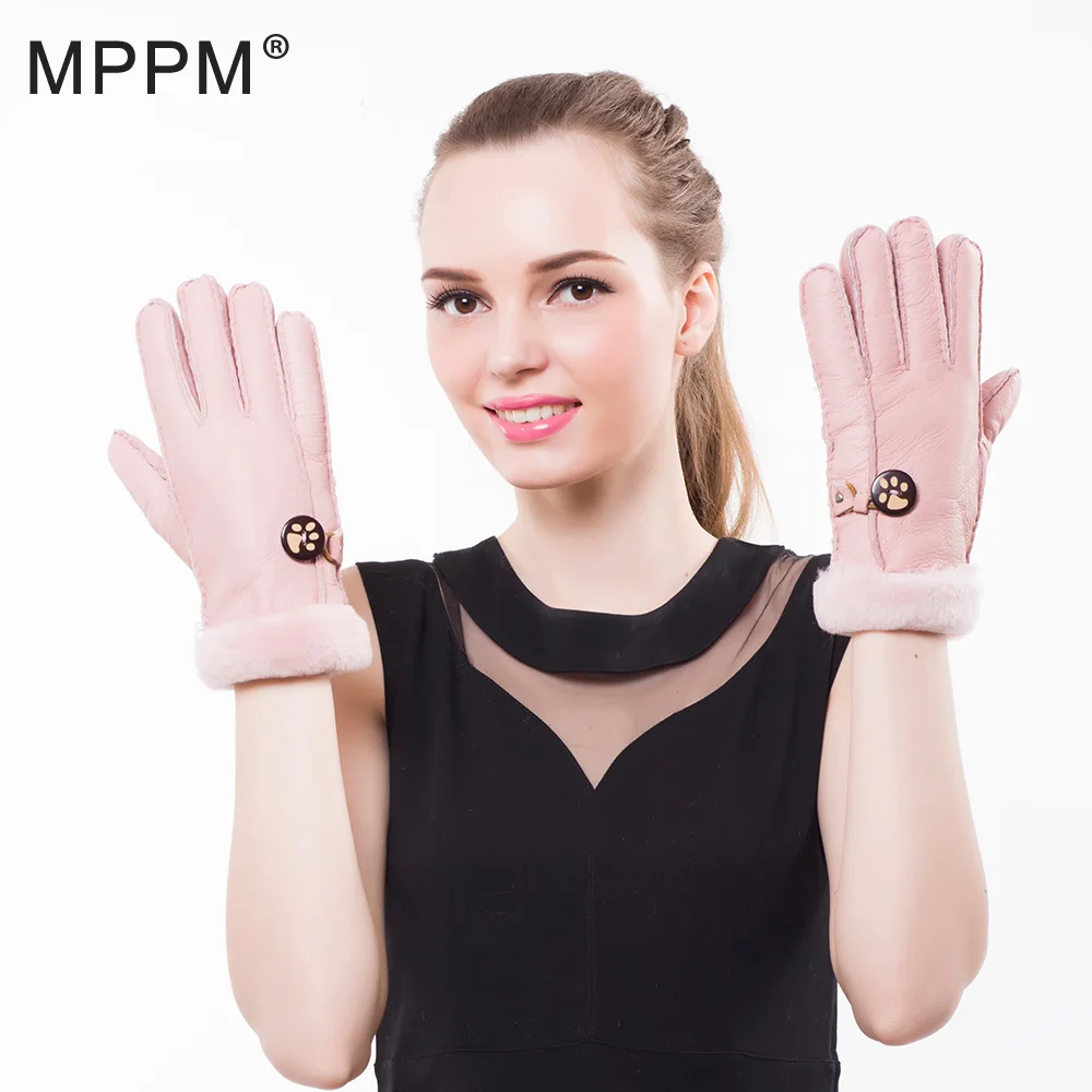 MPPM kawaii перчатки из овечьей кожи Натуральная теплые кожаные перчатки Зимние перчатки из овечьей кожи Зимняя шерстяная меховая подкладка
