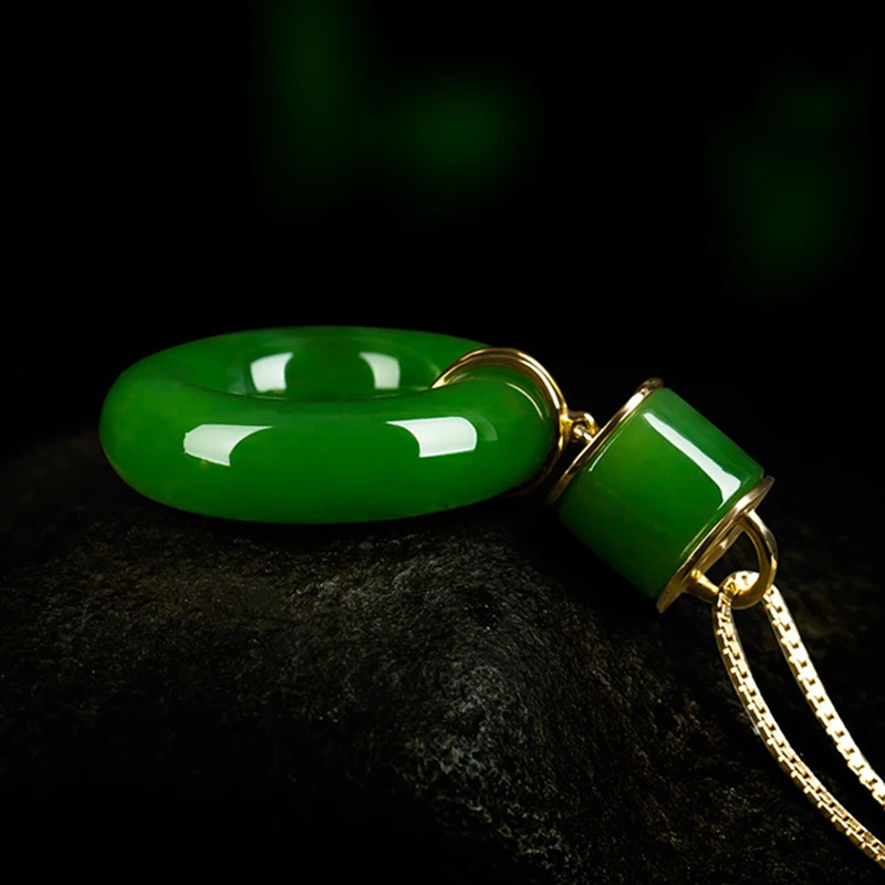 S925 Silver inlaid jade pendant female and Tian Jasper Green chain spinach Emerald Item yuhuan Necklace Sweater Ch | Украшения и