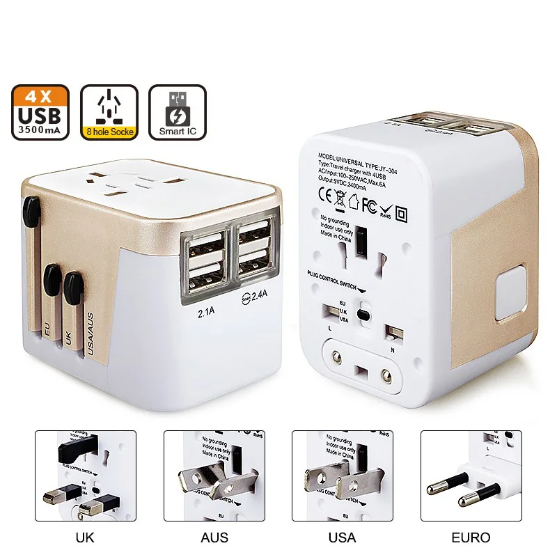 Универсальный дорожный адаптер преобразователь электрических вилок с 4 USB