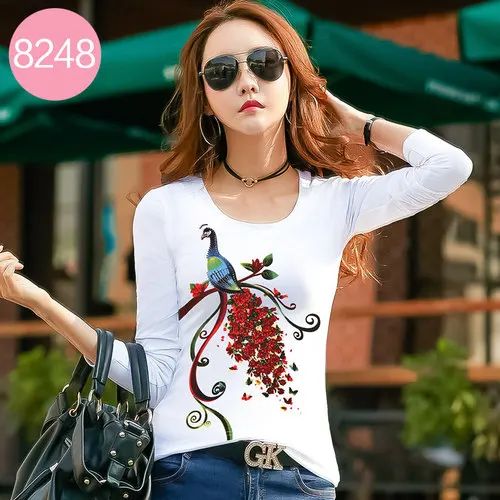 8248 White Новинка, Женская Весенняя уличная Модная белая футболка с круглым вырезом и длинным рукавом с модным принтом, топы, женские повседневные стразы, футболки - Цвет: 8248 White