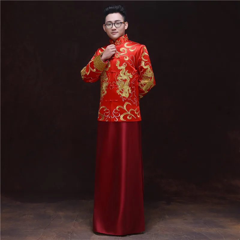 Костюмы для жениха свадьбы тостов мужской красный cheongsam китайский стиль платье