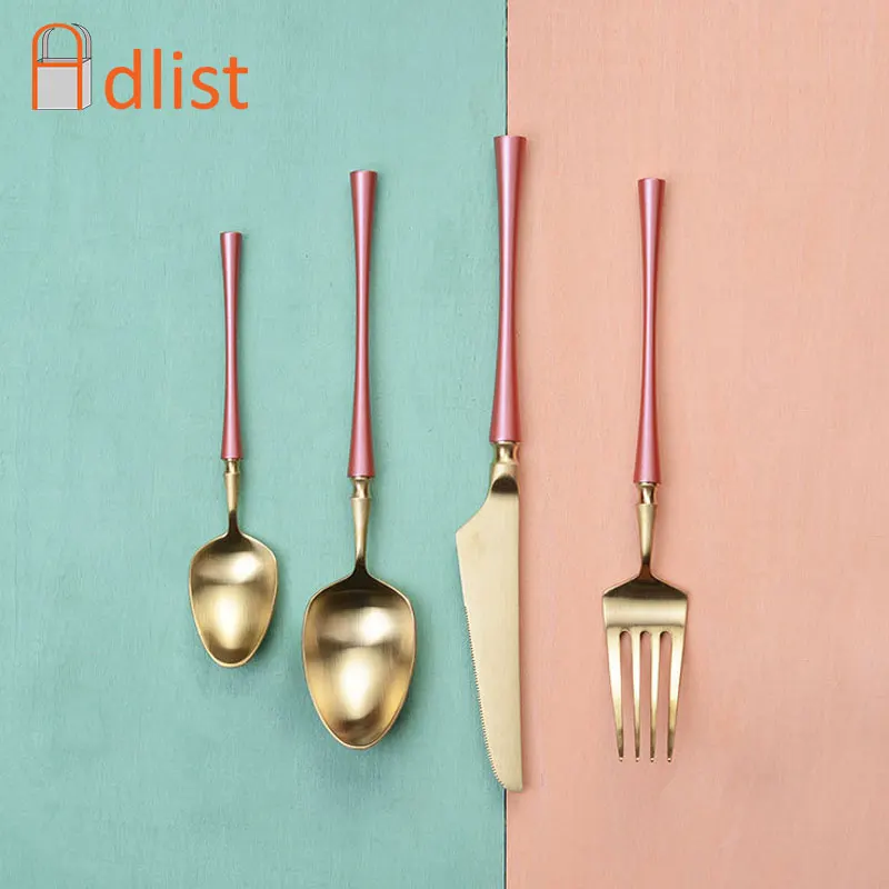 1 PC Western pink Gold Cutlery Sets Stainless Steel Dinner Knife Forks Teaspoon Dinnerware Set Christmas Gift Metal Tableware