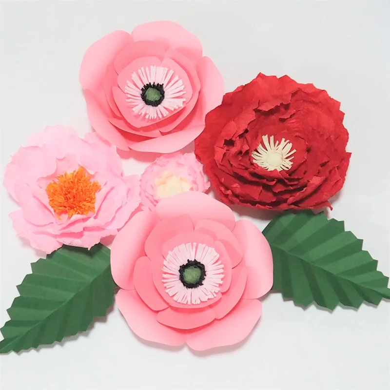 

2018 Giant Crepe Paper Artificial Flowers 5PCS + 2pcs Green Leaves Wedding & Event Decor Baby Nursery Handmade Crafts Customized