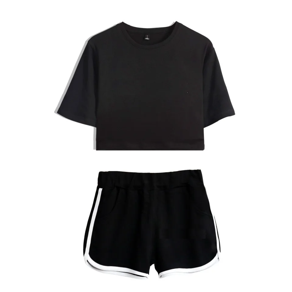 black2 Solid color Дропшиппинг DIY Пользовательский логотип комплект из двух предметов женский хлопковый укороченный топ и шорты Kpop сексуальный пупок укороченная футболка костюм Лето - Цвет: black2 Solid color