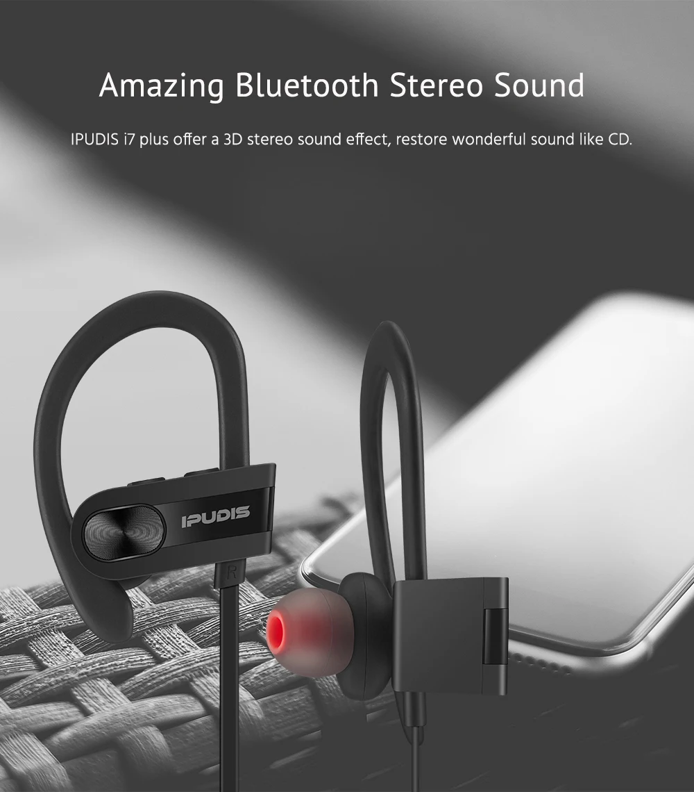IPUDIS спортивные bluetooth-наушники IPX7, водонепроницаемые, ушные крючки, Беспроводные Стерео Наушники V4.1, портативная гарнитура, 110 мА/ч