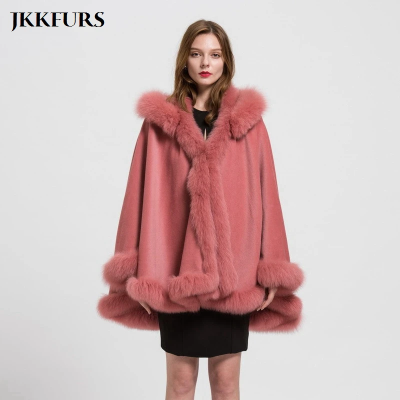 JKKFURS натуральный Лисий Мех обертывания женские зимние шарфы кашемировый шарф бросок пончо теплая Мода и шерстяной плащ съемный с капюшоном S1723