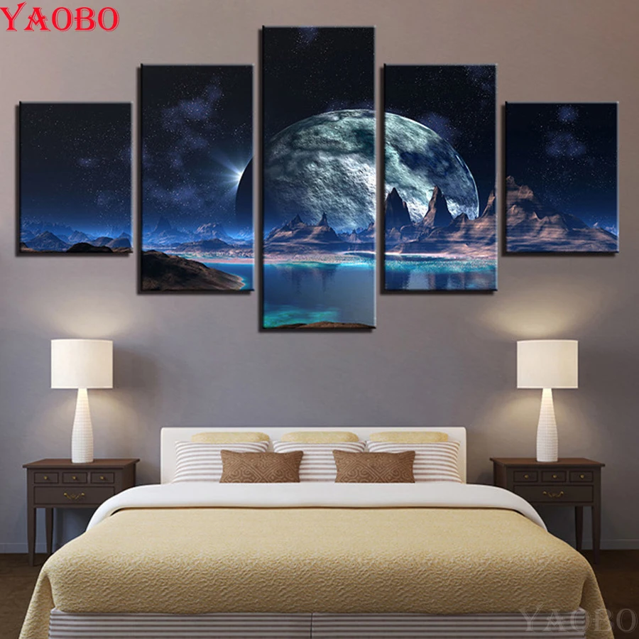 5 панелей звездное небо горное озеро, вышивка Алмазная мозаика, 5d diy алмазная живопись полная квадратная круглая дрель вышивка крестиком, настенное искусство