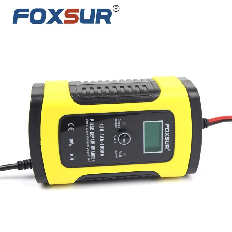 FOXSUR 12V 5A Pulse Battery Charger LCD Display, Motorcycle & Car Battery Charger, 12V AGM GEL WET Lead Acid Battery Charger