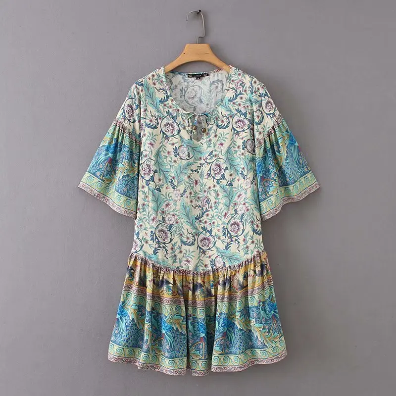 Женская мода цветочный в богемном стиле vestidos печати плиссированное платье