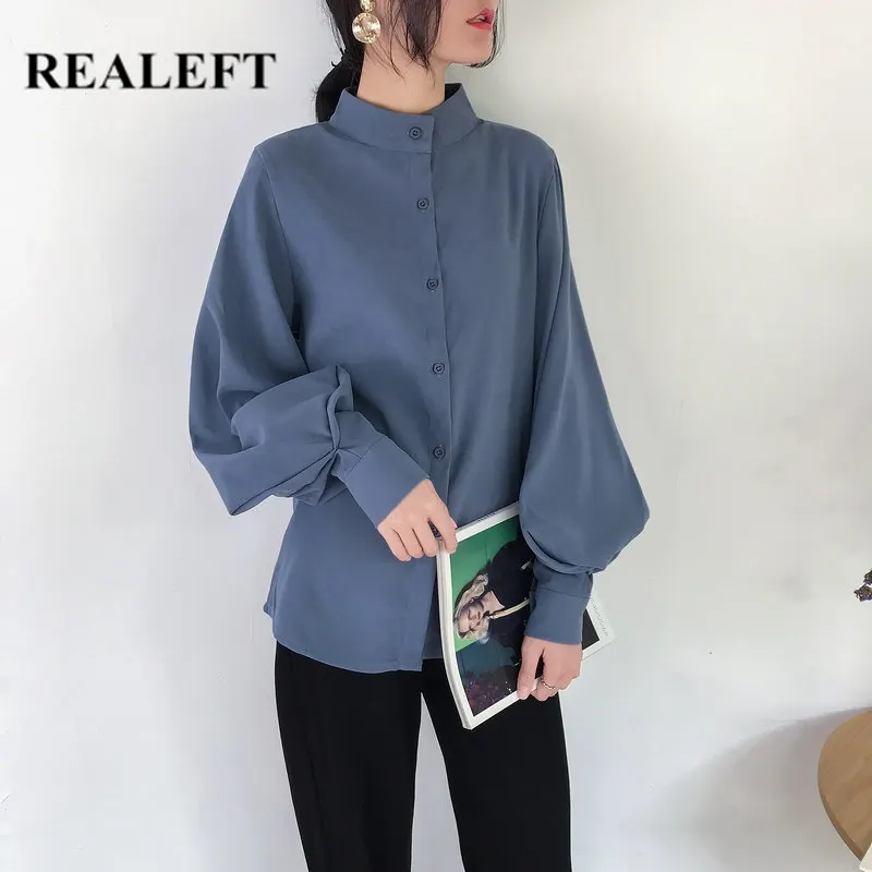 Женская Повседневная однотонная блуза REALEFT Офисная рубашка на кнопках с длинным