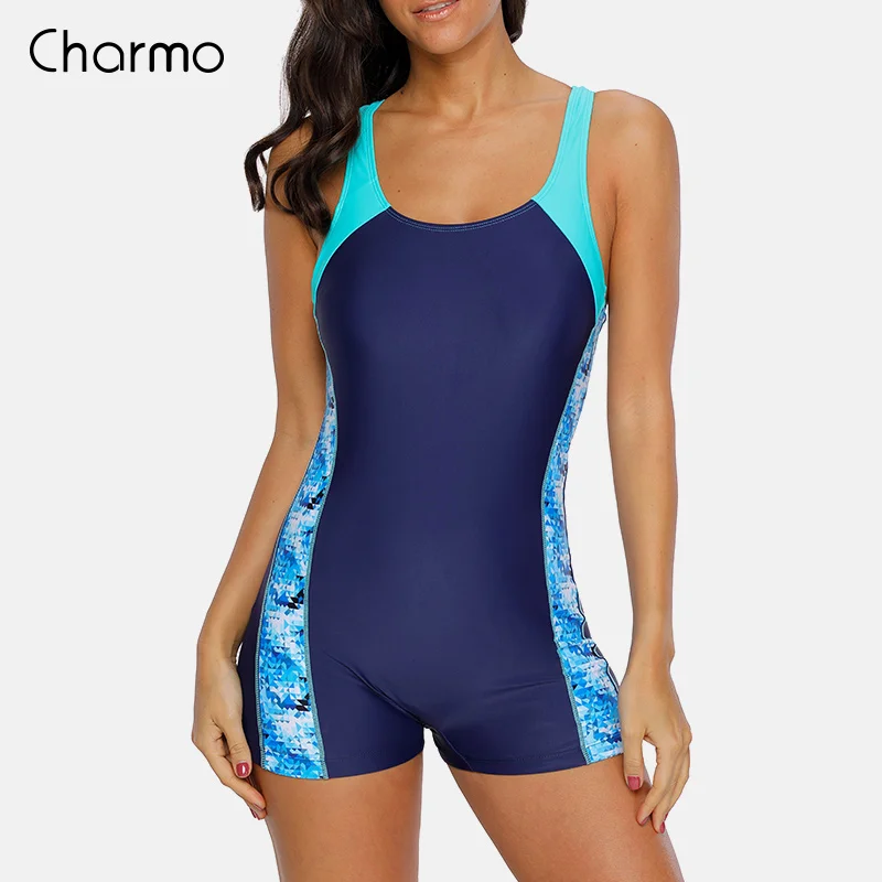Charmo  One Piece Women Sports Swimsuit Athletic Racerback Swimwear Pad Bikini Boy leg Beach Wear Bathing Suits printed Monokini