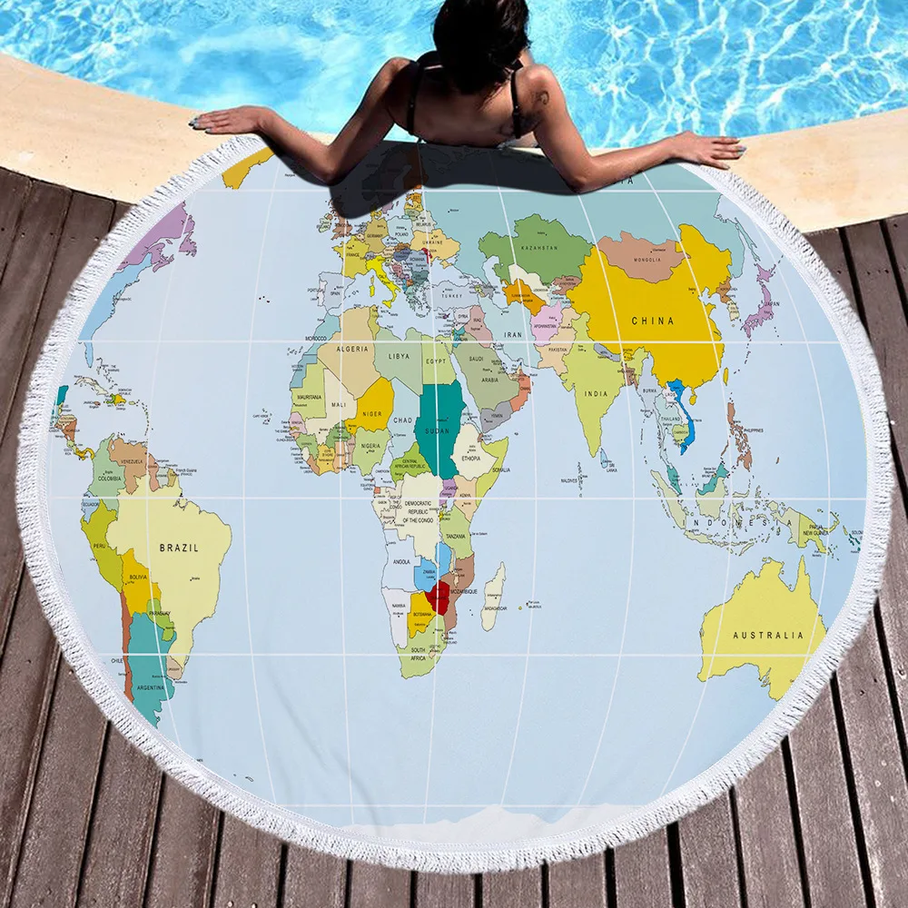 150cm World Map Printed Large Round Beach Towel Microfiber With Tassels Thick Terry Cloth Towels Serviette De Plage | Дом и сад