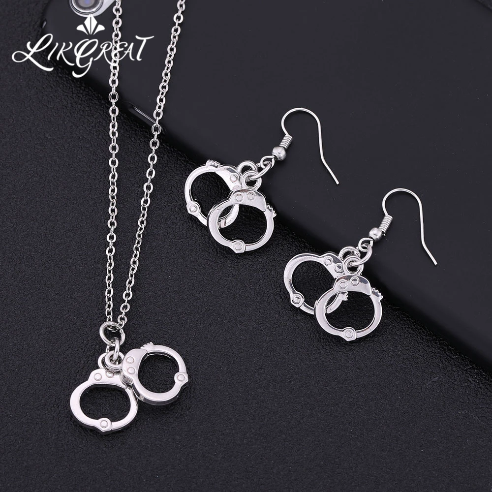 LIKGREAT Handcuff Errings Women Silver Color Jewelry Sets Handcuffs Pendant Necklace Best Gifts for Love Fashion Bijoux | Украшения и