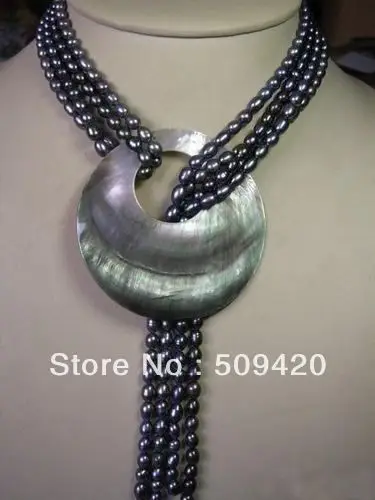 

Fashion 2Strands 6-7 mm Black Freshwater Pearl Necklace Long 49" sweater chain the Shell buckle