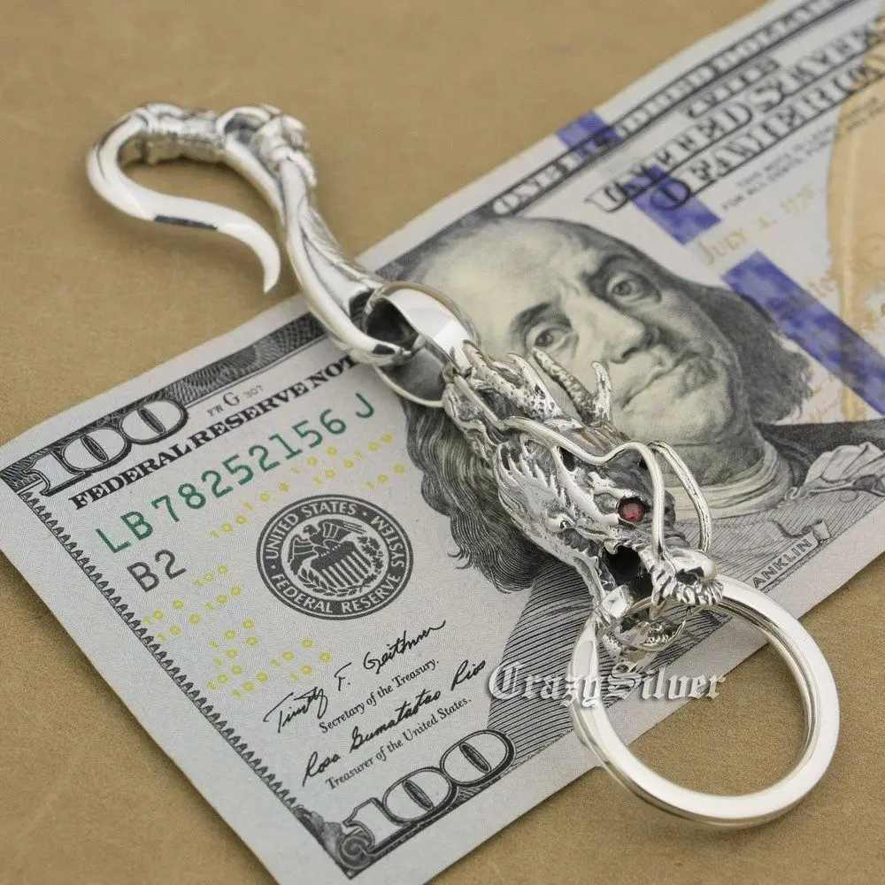 LINSION Серебряный Дракон коготь крюк для ключей мужской байкер рок брелок в стиле