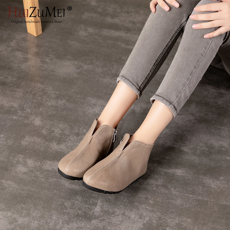HUIZUMEI Genuine Leather Flat Shoes Plus Size Real Handmade Flats Loafers Female Solid Comfortable Casual Women Shoes. | Обувь