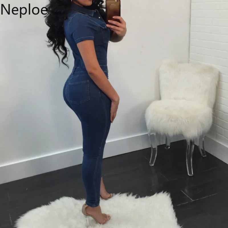 Neploe, модные женские комбинезоны, лето, однобортный боди с коротким рукавом, повседневные джинсовые комбинезоны с карманами, облегающие комбинезоны 44601