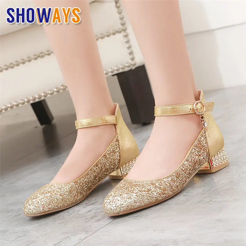 

Silver Bling Women Pumps Low Block Heels Gold Sequined Cloth Round Toe Wedding Party Crystal Ankle Buckle Strap Mary Jane Shoes