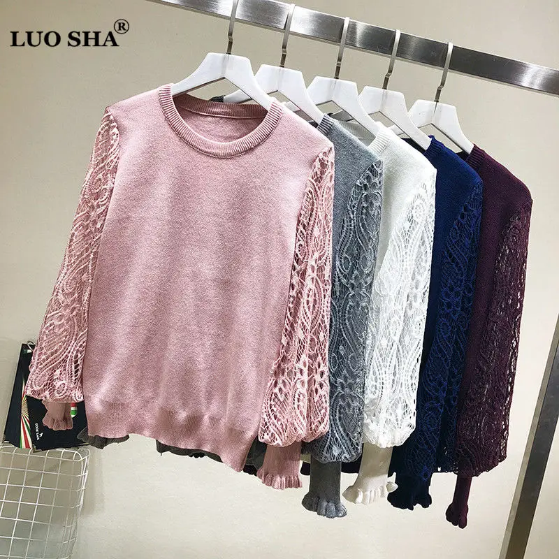 LUOSHA Women Autumn Winter Knitted Pullovers And Sweater Hollow Out Lace Sleeve Patchwork Female Pull Femme | Женская одежда