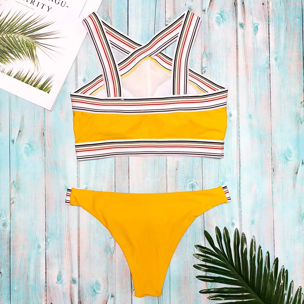 

2019 Women Backcross Bikini Swimwear Patchwork Swimwear Striped Swimsuit Sexy Ladies Bathing Suit Push Up Mini Swimwear Tankini