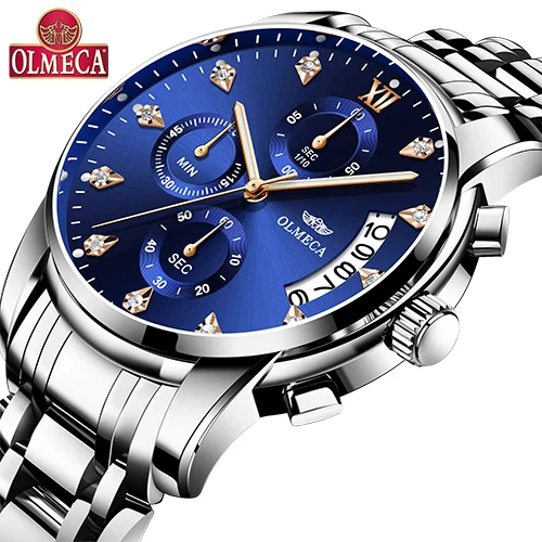 Silver Blue Для мужчин s часы лучший бренд класса люкс OLMECA часы Relogio Masculino 3ATM водонепроницаемые часы хронограф наручные часы Reloj Hombre для мужчин - Цвет: Silver Blue